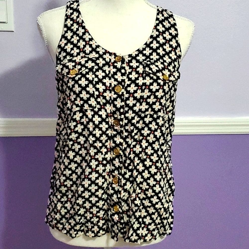 Valerie Bertinelli Black & Off White Floral Button Down Boho Tank Top M